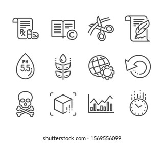 Set of Science icons, such as Globe, Ph neutral, Recovery data, Chemical hazard, Gluten free, Medical prescription, Infochart, Feather, Scissors, Augmented reality, Time, Copyright. Globe icon. Vector