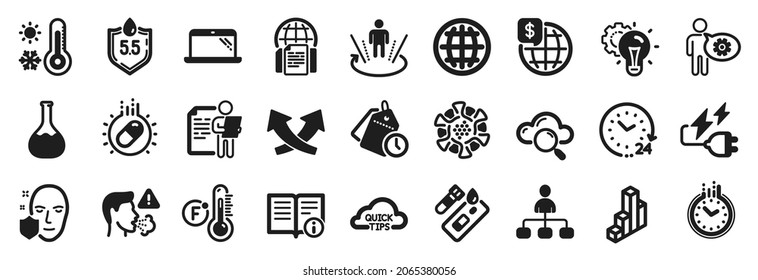 Set of Science icons, such as Globe, Intersection arrows, Time management icons. 24 hours, Time, Laptop signs. World money, Covid test, Quick tips. Chemistry lab, Ph neutral, Idea gear. Vector