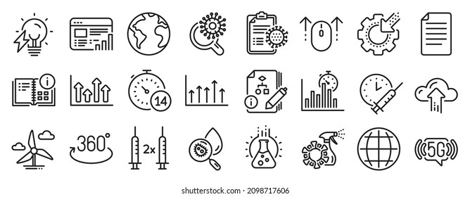 Set of Science icons, such as Globe, Coronavirus spray, Instruction info icons. Coronavirus research, Web report, Full rotation signs. Growth chart, Upper arrows, Windmill turbine. 5g wifi. Vector