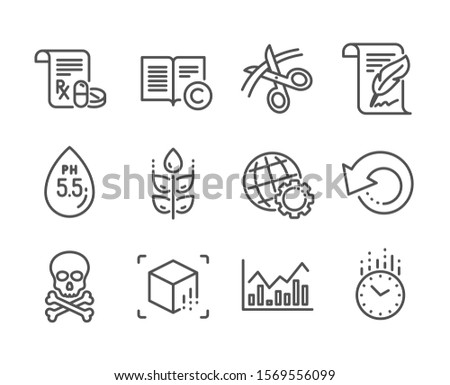 Set of Science icons, such as Globe, Ph neutral, Recovery data, Chemical hazard, Gluten free, Medical prescription, Infochart, Feather, Scissors, Augmented reality, Time, Copyright. Globe icon. Vector