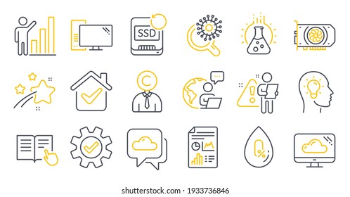 Set of Science icons, such as Gpu, Cloud storage, No alcohol symbols. Graph chart, Copyrighter, Idea head signs. Coronavirus research, Service, Chemistry lab. Report document, Computer. Vector