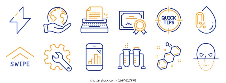 Set of Science icons, such as Graph phone, Chemistry beaker. Certificate, save planet. Customisation, Energy, Face recognition. Chemical formula, Swipe up, Typewriter. Vector