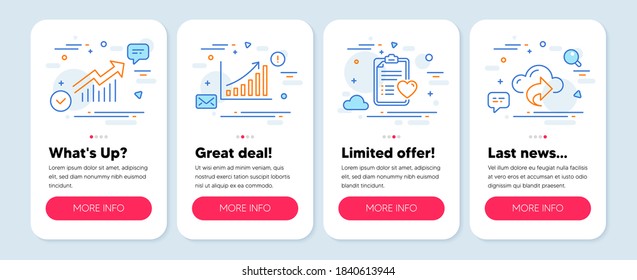 Set of Science icons, such as Graph chart, Demand curve, Patient history symbols. Mobile screen mockup banners. Cloud share line icons. Growth report, Statistical report, Medical survey. Vector