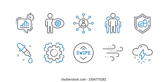 Set of Science icons, such as Group, Windy weather, Medical tablet, Networking, Swipe up, Seo gear, Statistics timer, Cogwheel, Chemistry pipette, Thunderstorm weather line icons. Vector