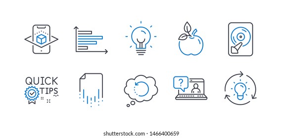 Set of Science icons, such as Hdd, Augmented reality, Energy, Recovery data, Faq, Eco food, Quick tips, Horizontal chart, Recovery file, Idea line icons. Memory disk, Phone simulation. Vector