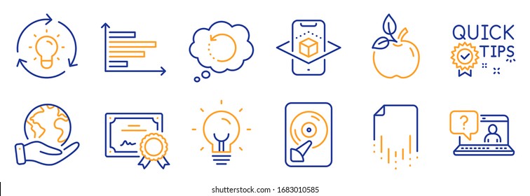 Set of Science icons, such as Hdd, Augmented reality. Certificate, save planet. Energy, Recovery data, Faq. Eco food, Quick tips, Horizontal chart. Recovery file, Idea line icons. Vector