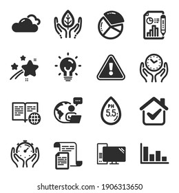 Set of Science icons, such as Histogram, Internet book, Timer symbols. Ph neutral, Energy, Pie chart signs. Report document, Cloudy weather, Documents. Safe time, Computer, Fair trade. Vector