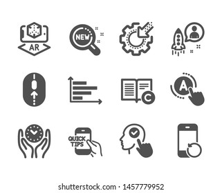 Set of Science icons, such as Horizontal chart, Education, Safe time, Recovery phone, Copyright, New products, Startup, Seo gear, Swipe up, Select user, Ab testing, Augmented reality. Vector