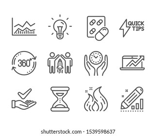 Set of Science icons, such as Idea, Full rotation, Partnership, Safe time, Trade infochart, Edit statistics, Quickstart guide, Capsule pill, Fire energy, Dermatologically tested, Time. Vector