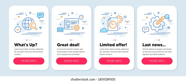 Set of Science icons, such as International Ð¡opyright, Web settings, Project deadline symbols. Mobile screen app banners. Settings gear line icons. Vector