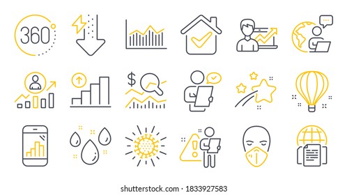 Set of Science icons, such as Internet documents, Air balloon, Career ladder symbols. Money diagram, 360 degrees, Check investment signs. Graph chart, Rainy weather, Coronavirus. Vector