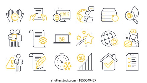 Set of Science icons, such as Interview, Recovery server, Water analysis symbols. Technical documentation, Nurse, World weather signs. Feather, Receive file, Safe time. Freezing timer. Vector