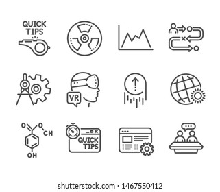 Set of Science icons, such as Journey path, World weather, Quick tips, Tutorials, Cogwheel dividers, Diagram, Augmented reality, Swipe up, Web settings, Chemical hazard, Employees talk. Vector