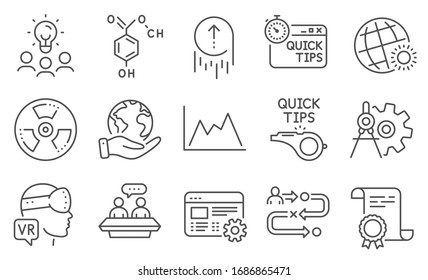 Set of Science icons, such as Journey path, World weather. Diploma, ideas, save planet. Quick tips, Tutorials, Cogwheel dividers. Diagram, Augmented reality, Swipe up. Vector