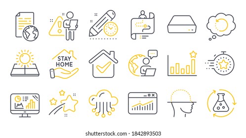 Set of Science icons, such as Journey path, Face scanning, Website statistics symbols. Analytics graph, Recovery data, Timer signs. Chemistry experiment, Mini pc, Efficacy. Sun energy. Vector