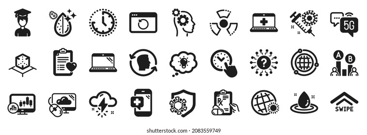 Set of Science icons, such as Laptop, Energy, Coronavirus icons. Time, Patient history, Swipe up signs. Medical help, Ab testing, Augmented reality. Time management, Prescription drugs. Vector