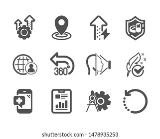 Set of Science icons, such as Location, Energy growing, International recruitment, Report document, 360 degrees, Hypoallergenic tested, Cogwheel dividers, Seo gear, Recovery data, Face id. Vector