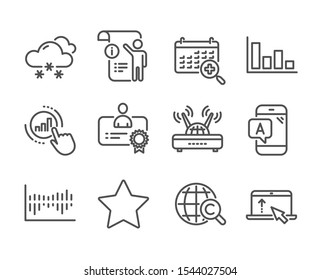 Set of Science icons, such as Manual doc, Certificate, Graph chart, Column diagram, International Ð¡opyright, Ab testing, Swipe up, Wifi, Star, Histogram, Snow weather, Medical calendar. Vector