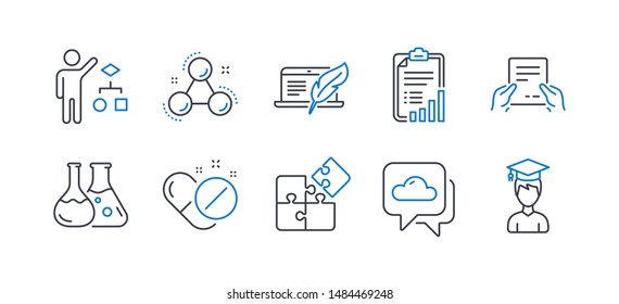 Set of Science icons, such as Medical pills, Receive file, Chemistry lab, Weather forecast, Algorithm, Copyright laptop, Checklist, Puzzle, Chemistry molecule, Student line icons. Vector