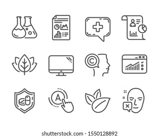 Set of Science icons, such as Medical chat, Report document, Web traffic, Medical tablet, Report, Organic product, Ab testing, Chemistry lab, Writer, Computer, Organic tested line icons. Vector