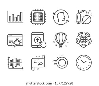 Set of Science icons, such as Medical drugs, Seo marketing, Eco organic, Column chart, Air balloon, Fast recovery, Cpu processor, Time, Diagram chart, Face id, Target path, Swipe up. Vector