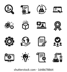 Set of Science icons, such as Medical help, Settings gear. Certificate, approved group, save planet. Settings, Currency audit, Article. Augmented reality, Swipe up, Technical documentation. Vector