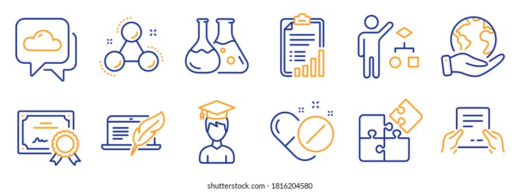 Set of Science icons, such as Medical pills, Receive file. Certificate, save planet. Chemistry lab, Weather forecast, Algorithm. Copyright laptop, Checklist, Puzzle. Vector