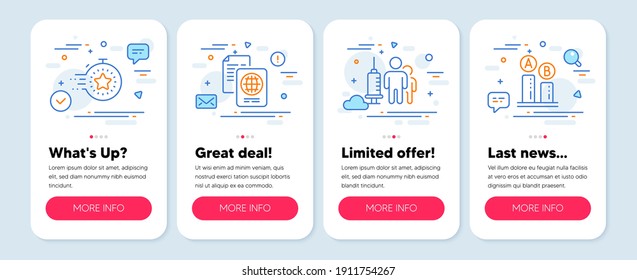 Set of Science icons, such as Medical vaccination, Timer, Passport document symbols. Mobile screen app banners. Ab testing line icons. Syringe vaccine, Deadline management, Id docs. Test chart. Vector