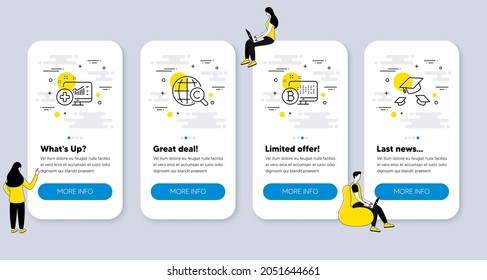 Iconos del conjunto de la ciencia, como análisis médico, derechos de autor internacionales, iconos del sistema Bitcoin. pantallas de aplicación de la interfaz de usuario con personas. Tira los símbolos de la línea de sombreros. Vector