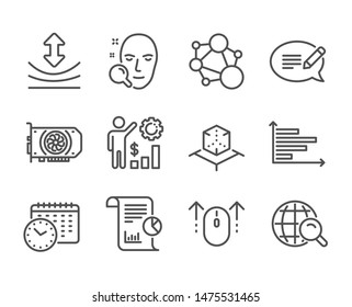 Set of Science icons, such as Message, Employees wealth, Horizontal chart, Calendar time, Integrity, Gpu, Face search, Resilience, Swipe up, Internet search, Report, Augmented reality. Vector