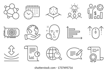 Conjunto de iconos de la ciencia, como Mensaje, riqueza de empleados. Diploma, ideas, salvar el planeta. Gráfico horizontal, hora del calendario, integridad. Gpu, búsqueda facial, resiliencia. Vector