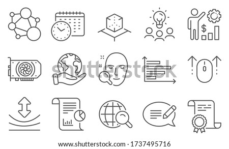 Set of Science icons, such as Message, Employees wealth. Diploma, ideas, save planet. Horizontal chart, Calendar time, Integrity. Gpu, Face search, Resilience. Vector