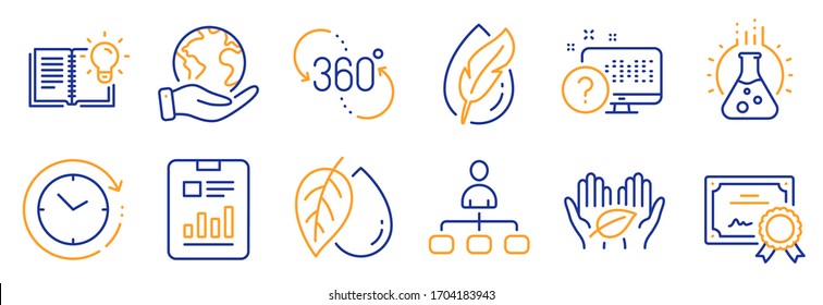 Set von Wissenschaftssymbolen, wie z. B. Mineralöl, 360 Grad. Zertifikat, retten Sie unseren Planeten. Produktkenntnisse, hypoallergen getestet, Management. Chemielabor, Report Document, Time Change. Vektorillustration