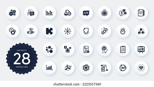 Set of Science icons, such as Money currency, Time and Cogwheel flat icons. Graph, Chemical formula, Chemistry molecule web elements. Documents, Windmill turbine, Copy documents signs. Vector