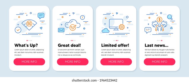 Set of Science icons, such as Monitor settings, 5g wifi, Cloud computing symbols. Mobile screen banners. Sharing economy line icons. Service cogwheel, Wireless internet, Approved storage. Vector