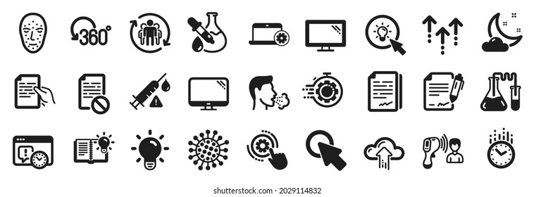 Set von Wissenschaftssymbolen, wie Nachtwetter, Projektzeitpunkt, Lichtblitzsymbole. Chemie-Labor, Zeit, Chemie-Experiment-Zeichen. Wischen Sie die falsche Datei, Computer. Schutzimpfung, Monitor. Vektorgrafik