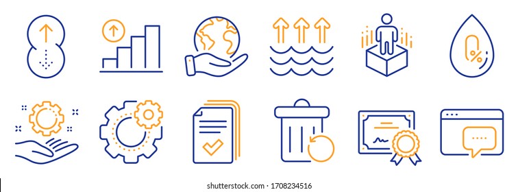 Conjunto de iconos de la ciencia, como No alcohol, Realidad aumentada. Certificado, salva el planeta. Gráfico gráfico gráfico gráfico, mano de empleado, Suba. Evaporación, Mano, Cognero. Vector
