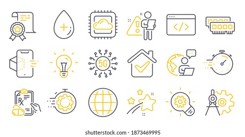 Set of Science icons, such as Oil serum, Certificate, Cloud computing symbols. Augmented reality, Cogwheel, Seo script signs. 5g technology, Prescription drugs, Seo timer. Timer, Idea, Ram. Vector