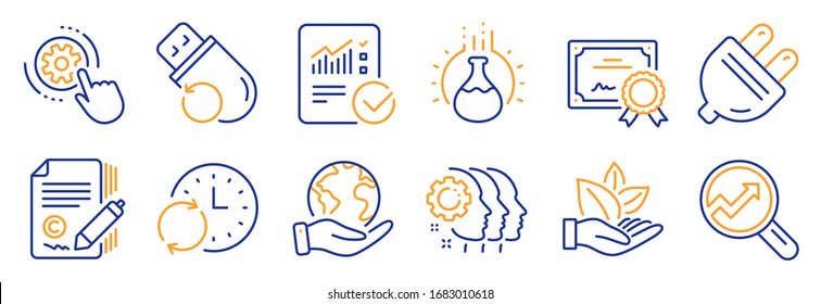 Set of Science icons, such as Organic product, Analytics. Certificate, save planet. Update time, Flash memory, Checked calculation. Chemistry experiment, Electric plug, Copywriting. Vector