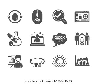 Set of Science icons, such as Partnership, Motherboard, Quick tips, Chemistry experiment, Presentation board, Sunset, 360 degrees, Infographic graph, Best manager, Analytics, Swipe up. Vector