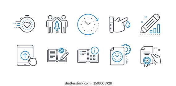 Set of Science icons, such as Partnership, Swipe up, Blood donation, Engineering documentation, Timer, Project deadline, Instruction info, Time change, Edit statistics, Certificate. Vector