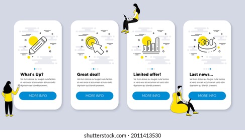 Set of Science icons, such as Pencil, Graph chart, Click here icons. UI phone app screens with people. 360 degrees line symbols. Edit data, Growth report, Push button. Full rotation. Vector