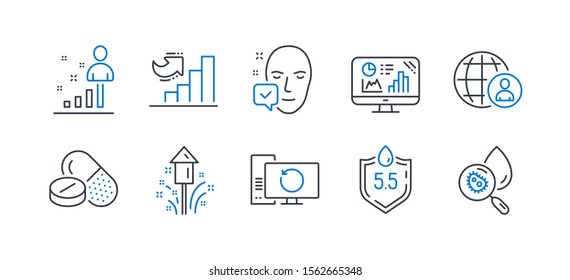 Set of Science icons, such as Ph neutral, Fireworks, Face accepted, Recovery computer, Analytics graph, Stats, International recruitment, Growth chart, Medical drugs, Water analysis. Vector