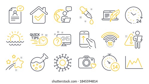 Set of Science icons, such as Photo camera, Online quiz, Swipe up symbols. Chemistry lab, 24 hours, Resume document signs. Quick tips, Quarantine, Coronavirus. Diagram, Copyright laptop. Vector