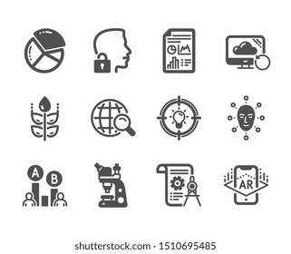 Set of Science icons, such as Pie chart, Internet search, Microscope, Face biometrics, Recovery cloud, Unlock system, Ab testing, Idea, Gluten free, Divider document, Augmented reality. Vector