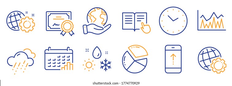 Set of Science icons, such as Pie chart, Weather. Certificate, save planet. Calendar graph, Seo gear, Rainy weather. Swipe up, Read instruction, Time. Globe, Investment line icons. Vector