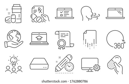 Set of Science icons, such as Prescription drugs, Website education. Diploma, ideas, save planet. Monitor settings, Medical drugs, Breathing exercise. 360 degrees, Capsule pill, Mini pc. Vector