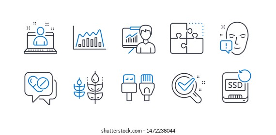 Set of Science icons, such as Presentation, Face attention, Best manager, Chemistry lab, Gluten free, Puzzle, Medical drugs, Infographic graph, Computer cables, Recovery ssd line icons. Vector