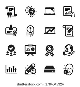 Set of Science icons, such as Presentation, Certificate. Certificate, approved group, save planet. Feather, Laptop, Mini pc. Swipe up, Sales diagram, Growth chart. Vector