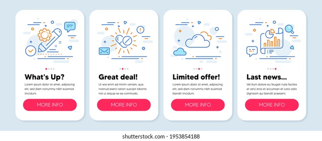 Set of Science icons, such as Project edit, Medical drugs, Cloudy weather symbols. Mobile screen mockup banners. Report document line icons. Settings, Medicine pills, Sky climate. Growth chart. Vector